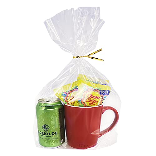 Wowfit 50 CT 8x11 inches Clear Bottom Gusset Cellophane Treat Bags with 6" Gold Twist Ties, Cello Packaging for Mugs, Dessert, Muffins, Party Favors and Gift Wrapping