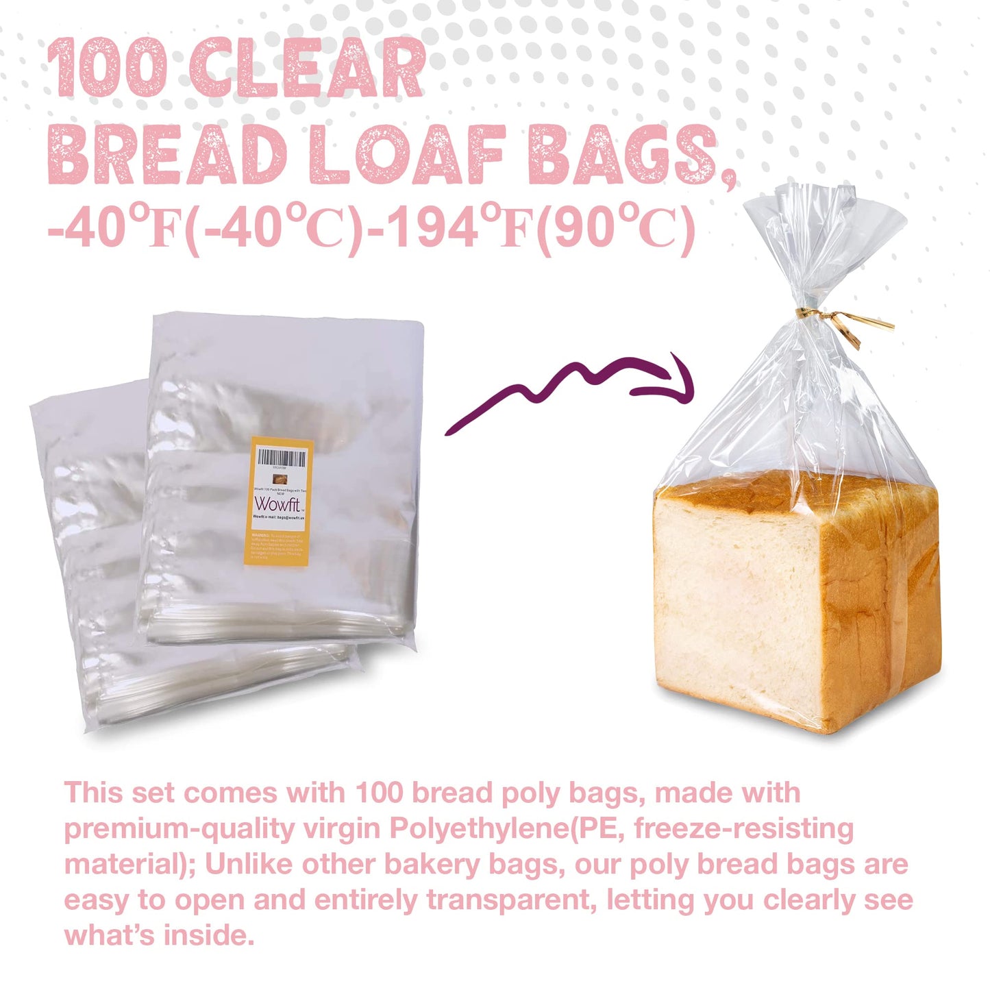 Wowfit Bread Poly Bags – Pack of 100 Entirely Transparent Clear Bakery Bags – Bread Loaf Packing Bags with 100 Gold Twist Ties – 8x4x18-Inch Grocery Bread Bags