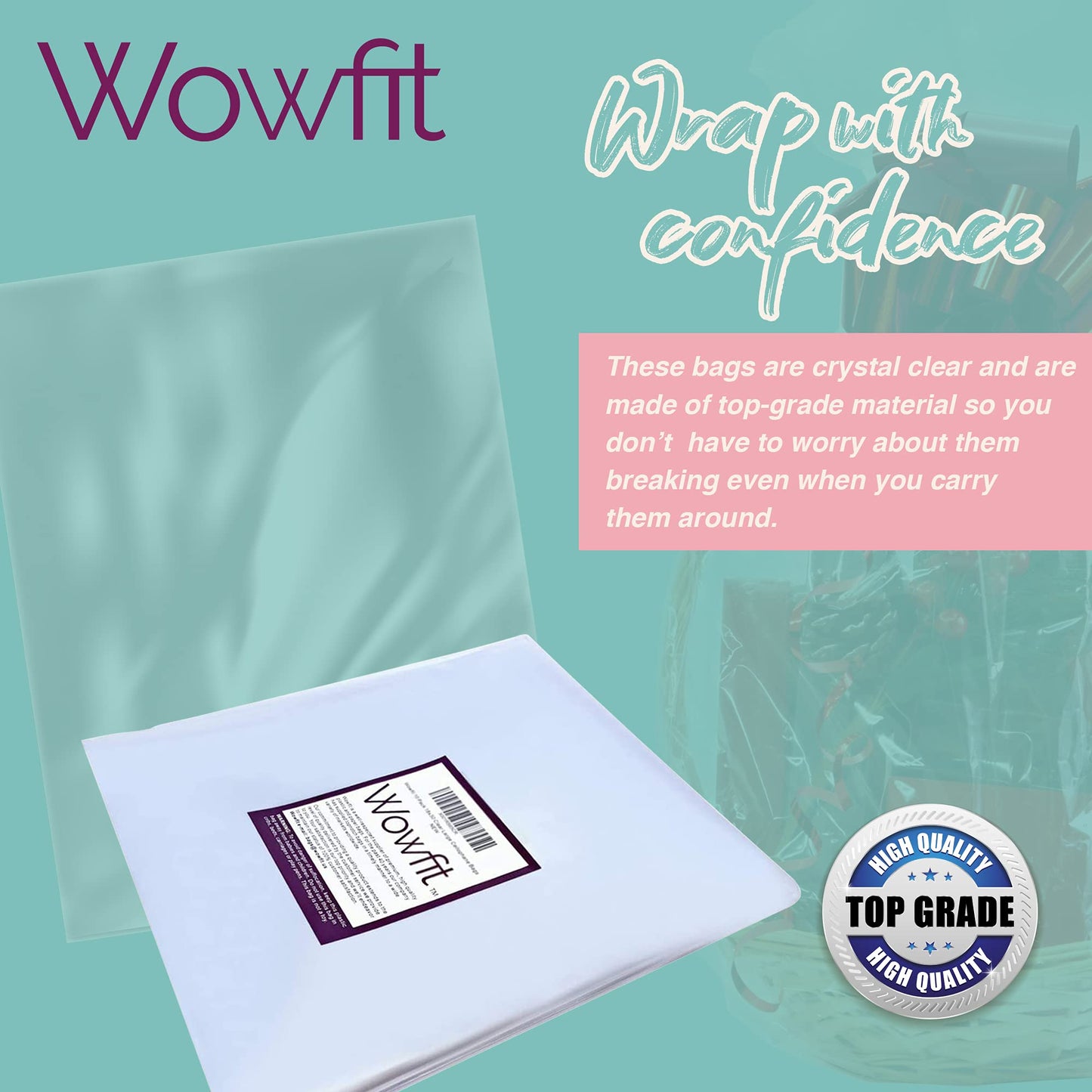 Wowfit Cello Bags,10 CT 18x30 inches Clear Cellophane Bags Perfect for Gift Baskets, Presents, Weddings, Bridal/Baby Showers and More (Flat, No Gusset, 18x30 inches, Not include Ribbon)