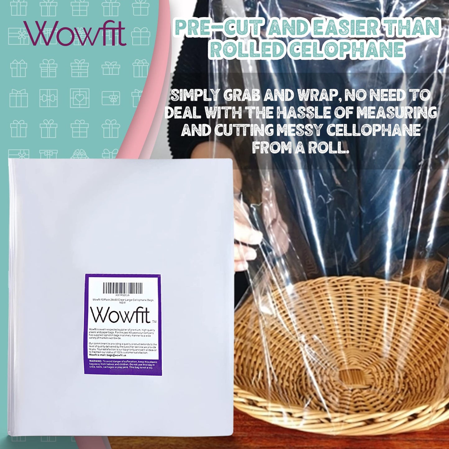 Wowfit Cello Bags,10 CT 18x30 inches Clear Cellophane Bags Perfect for Gift Baskets, Presents, Weddings, Bridal/Baby Showers and More (Flat, No Gusset, 18x30 inches, Not include Ribbon)