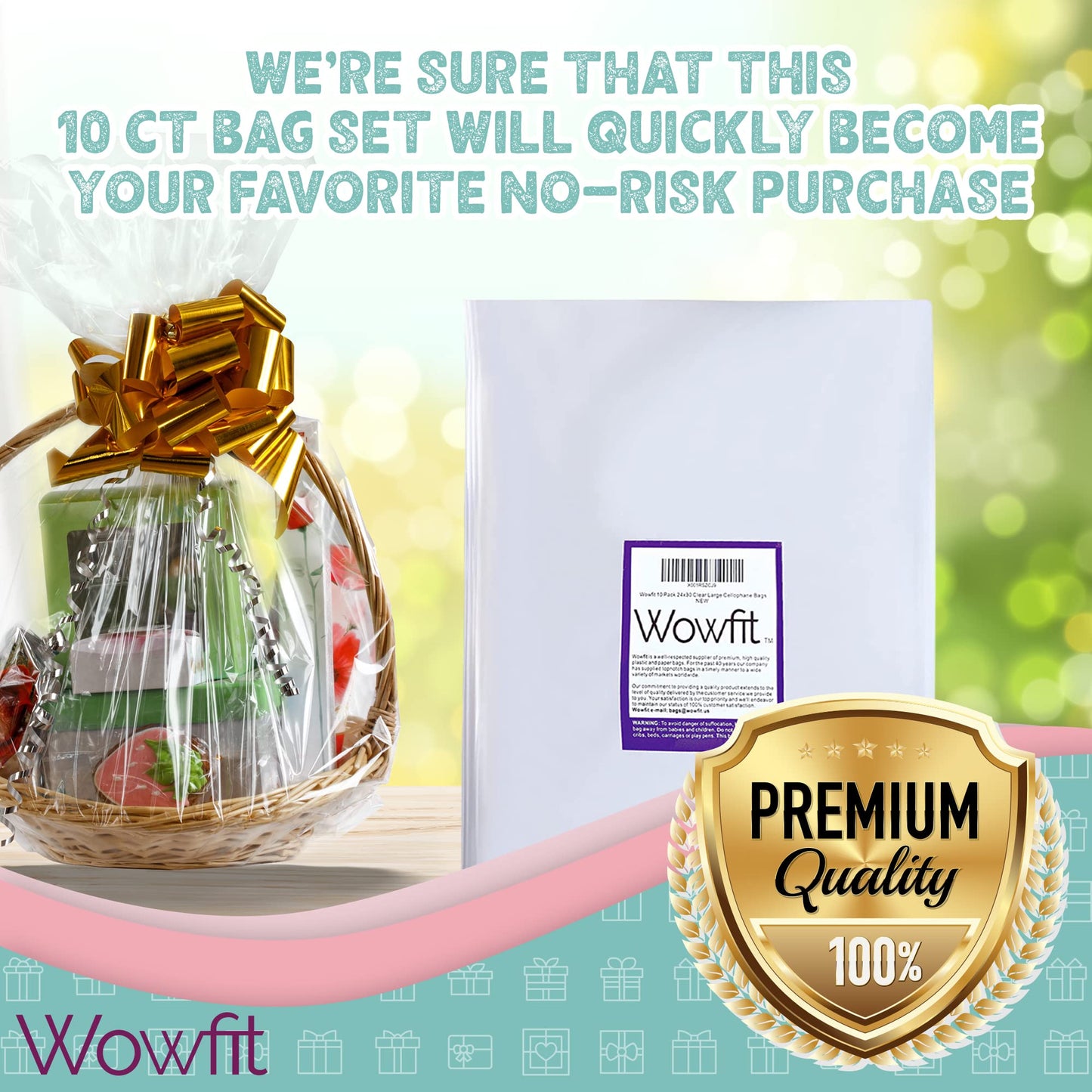 Wowfit Cello Bags,10 CT 18x30 inches Clear Cellophane Bags Perfect for Gift Baskets, Presents, Weddings, Bridal/Baby Showers and More (Flat, No Gusset, 18x30 inches, Not include Ribbon)