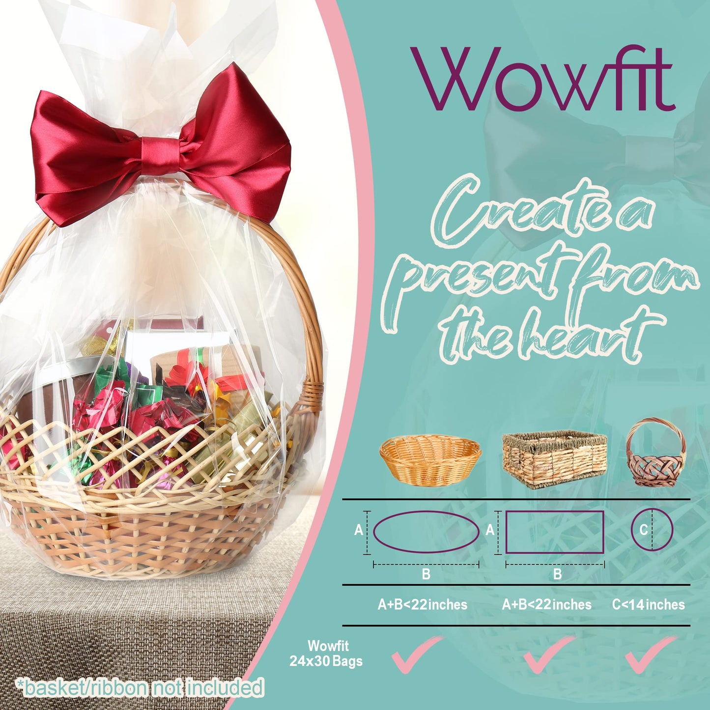 Wowfit Cello Bags,10 CT 18x30 inches Clear Cellophane Bags Perfect for Gift Baskets, Presents, Weddings, Bridal/Baby Showers and More (Flat, No Gusset, 18x30 inches, Not include Ribbon)